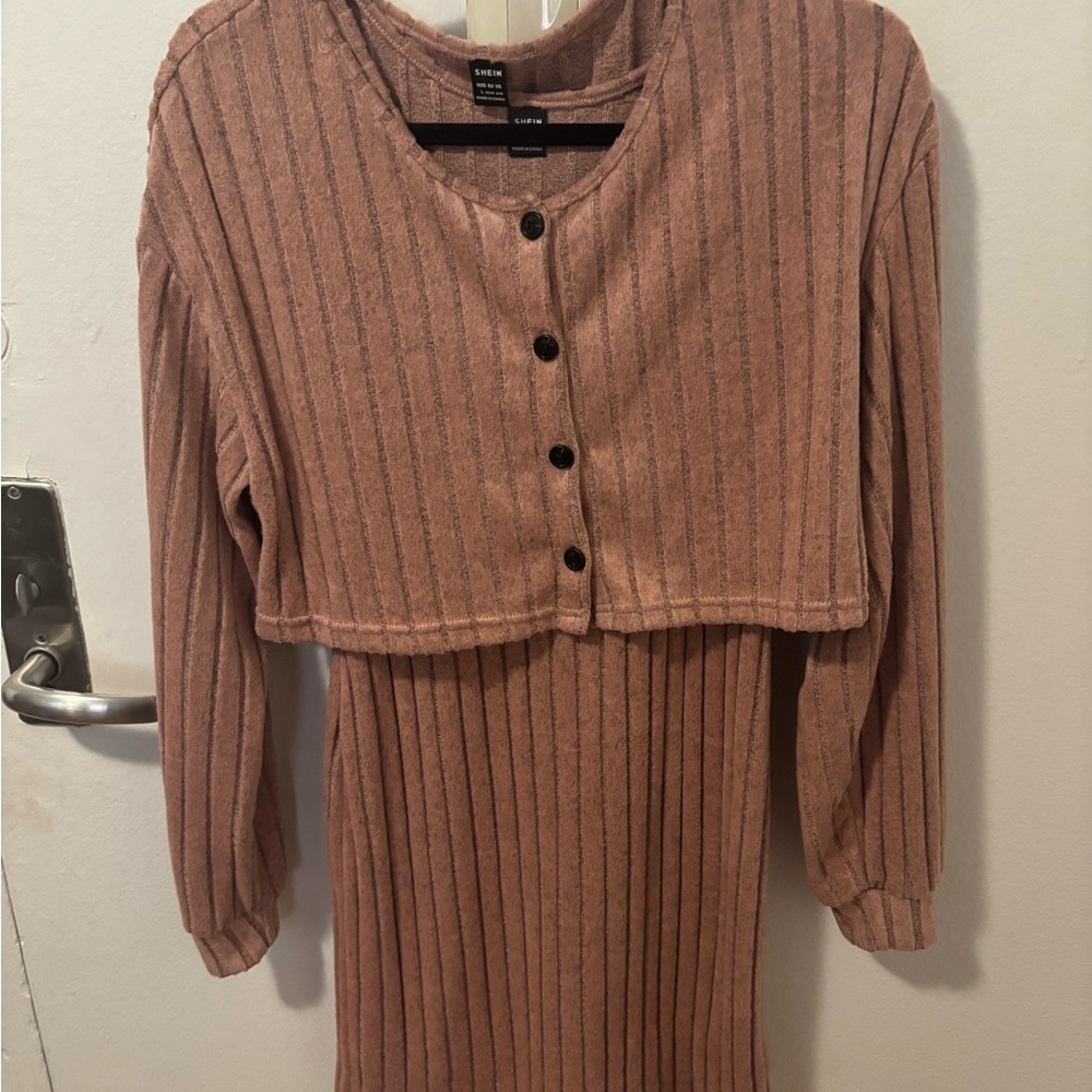 SHEIN Ribbed Knit Dress Set in Dusty Pink